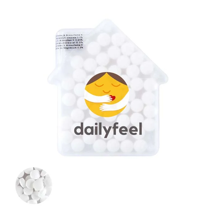 Hausförmiger Pfefferminzspender mit zuckerfreien Pfefferminzbonbons