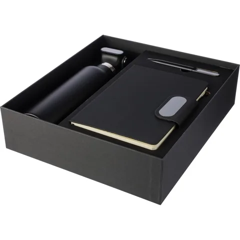 Presentset med termos, kulspetspenna, anteckningsbok och presentask