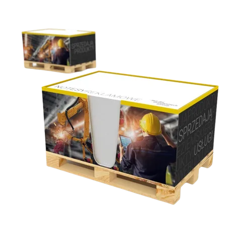 Memo pad with a miniature wooden pallet