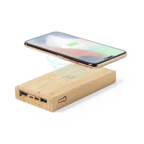 Trådlös powerbank i bambu 10000 mAh med 5W trådlös laddare och solladdare