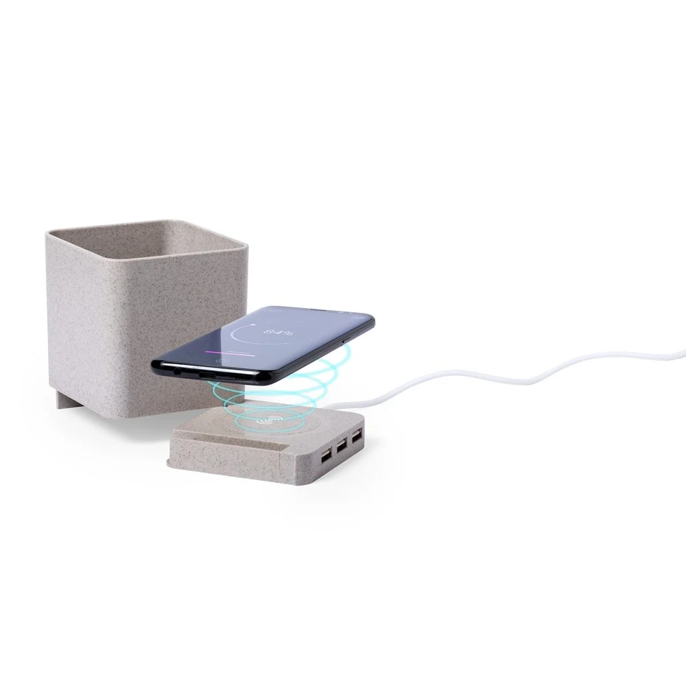 Trådlös laddare i vetehalm 5W, USB-hubb 2.0, pennhållare, telefonställ