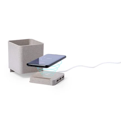 Trådlös laddare i vetehalm 5W, USB-hubb 2.0, pennhållare, telefonställ