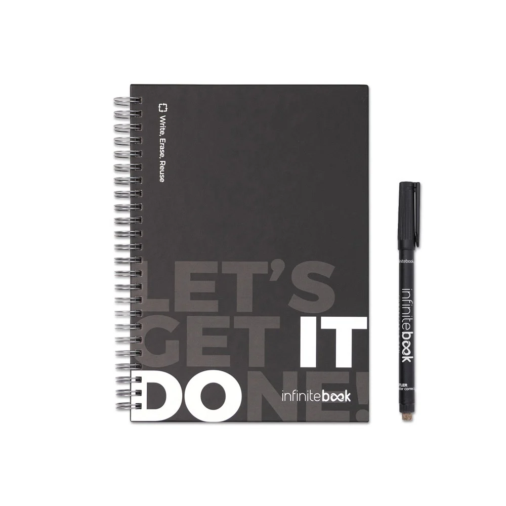 STARTER KIT INFINITEBOOK. Infinitebook"-kit med inbunden pärm, 1 rengöringskit, 1 markörpenna och 1 kulspetspenna