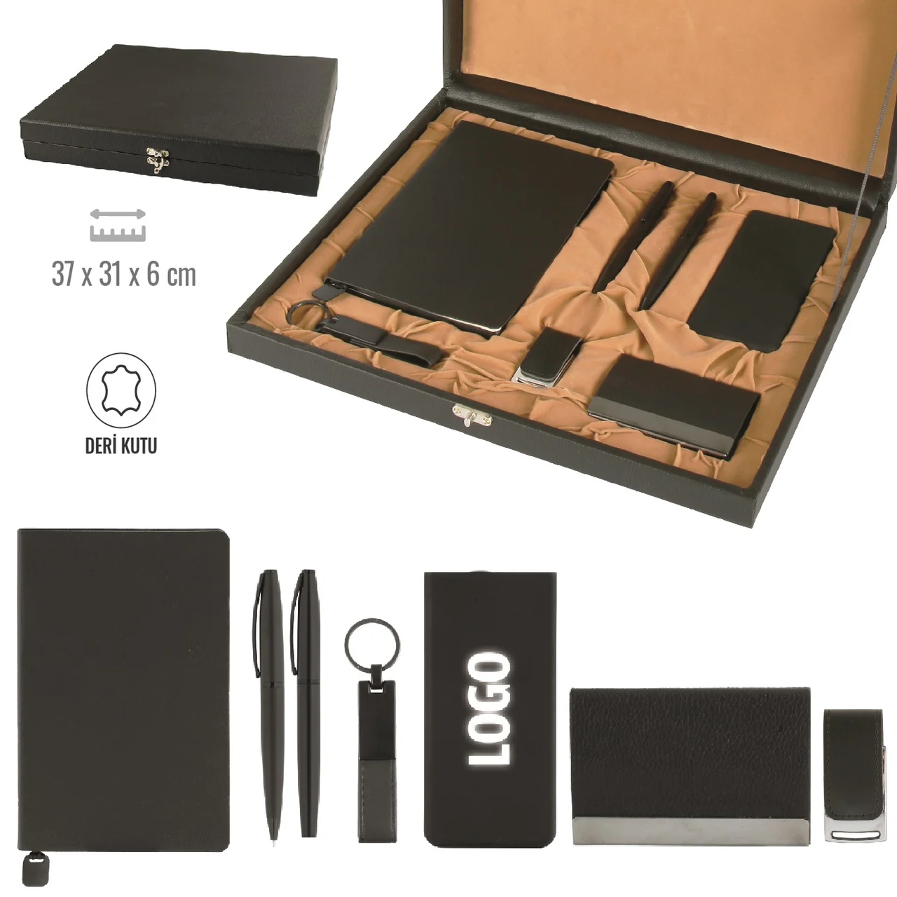 VIP-set med anteckningsbok, kulspetspenna, rollerpenna, nyckelring, USB-minne, powerbank och visitkortshållare